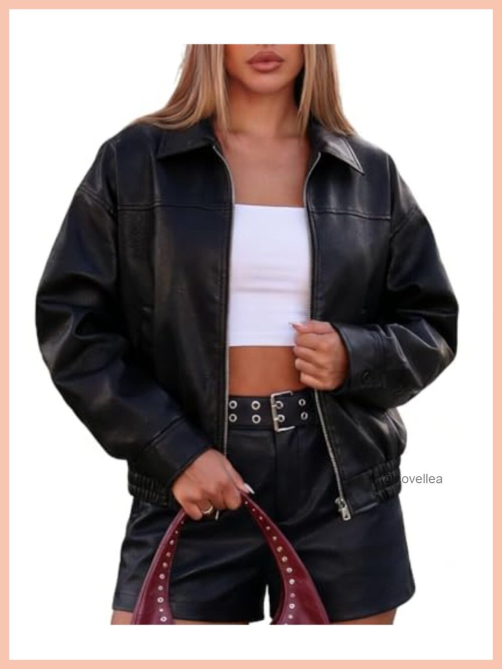 Faux Leather Bomber Motorcycle Jacket Oversized Fitted Waist Women